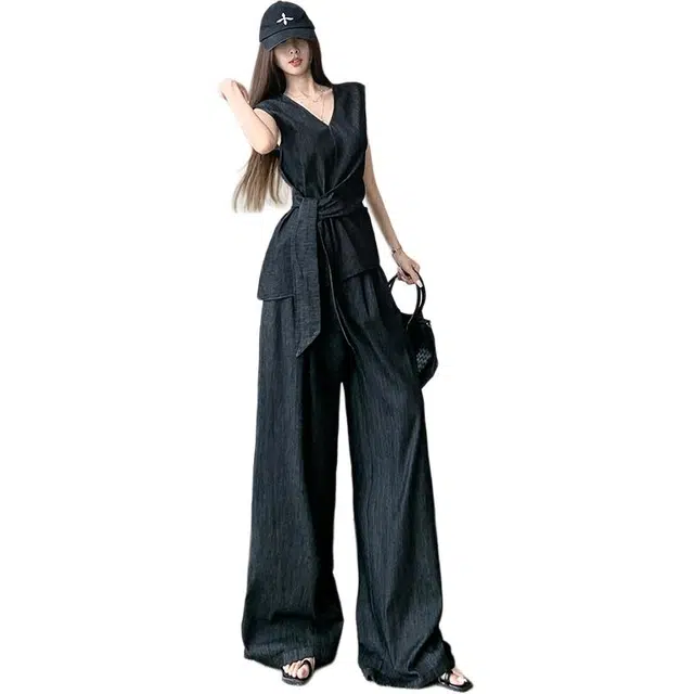 沐晓欣 法式收腰气质大码胖系带衬衫无袖显瘦阔腿长裤休闲套装 女款