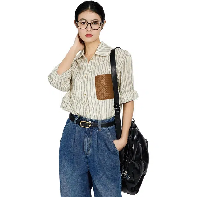 美洋 泡泡纱编织条纹长袖衬衫 女款 杏色