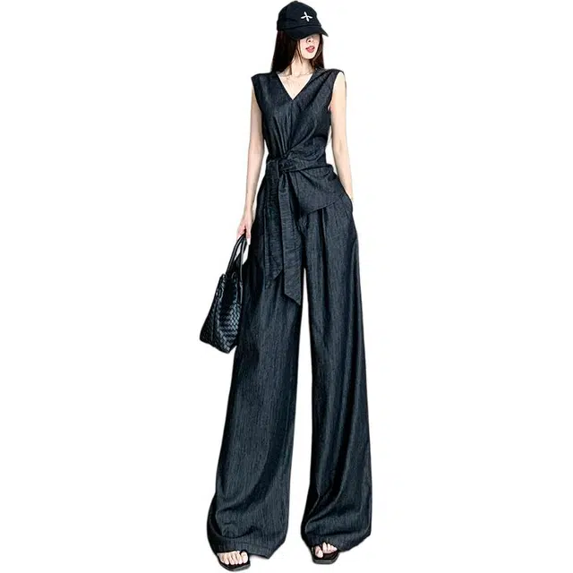 沐晓欣 法式收腰气质大码胖系带衬衫无袖显瘦阔腿长裤休闲套装 女款