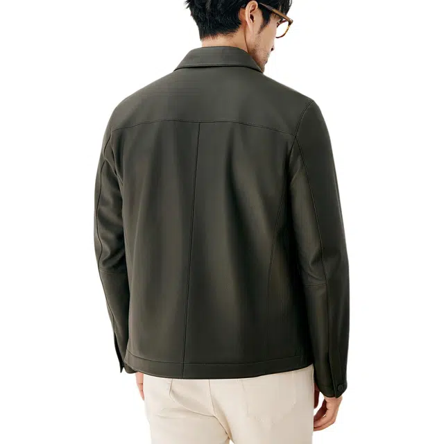 丹宁哲学 土耳其荔枝纹皮翻领外套纯色直筒型皮衣 男款