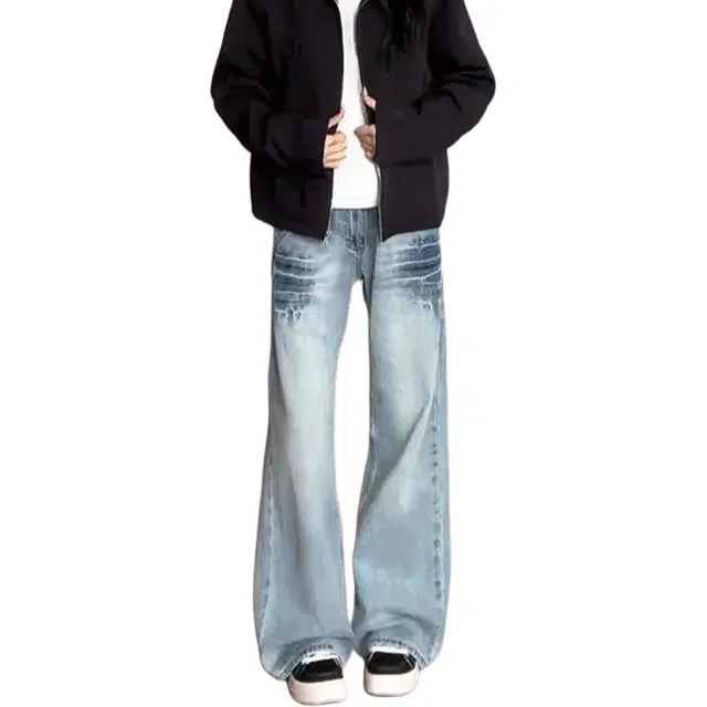 单爵 水洗蓝闪电纹直筒裤男款秋季美式高街牛仔裤 男女同款