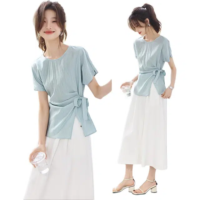 沫晗依美 纯色圆领舒适短袖衬衫 女款 浅水蓝