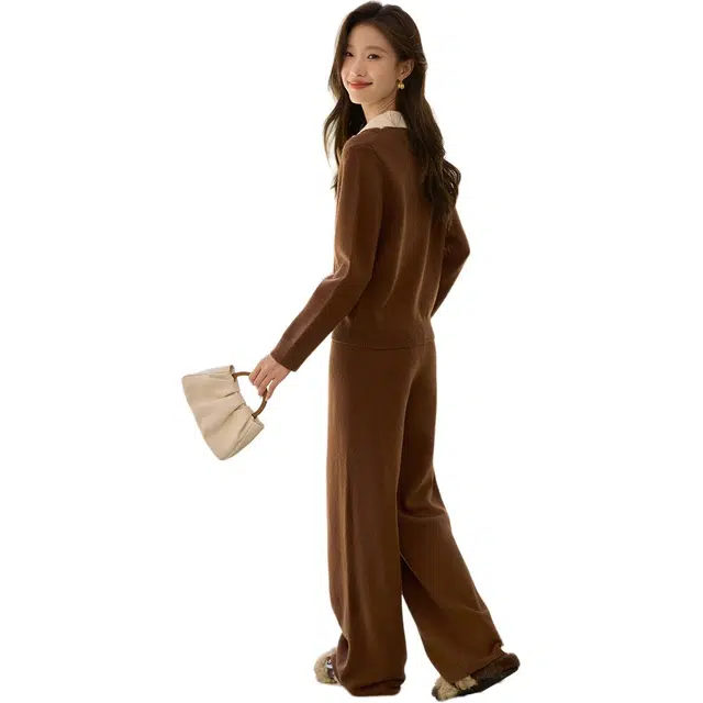 沫晗依美 舒适长袖上衣纯色简约高腰长裤休闲套装 女款 咖拼米
