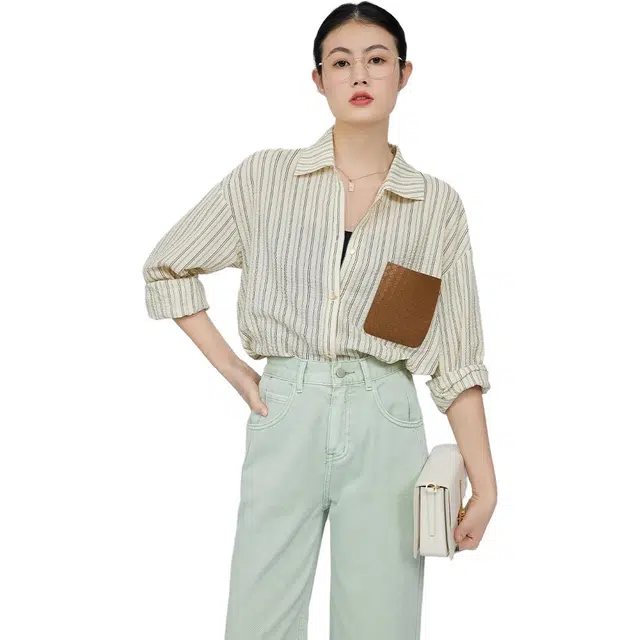 美洋 泡泡纱编织条纹长袖衬衫 女款 杏色
