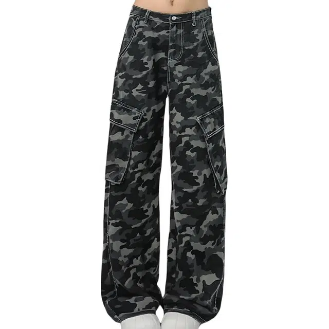 一碗士多 美式复古迷彩个性简约大口袋设计水洗做旧时尚长裤户外通勤日常百搭舒适显高显瘦宽松痞帅基础四季款休闲中腰直筒牛仔裤 男女同款