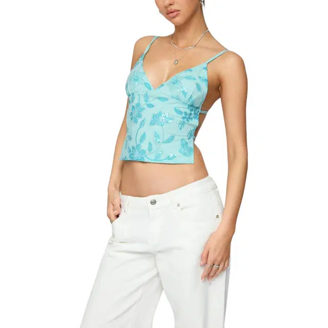 edikted SS25 Pia Sequin Floral Backless Top V