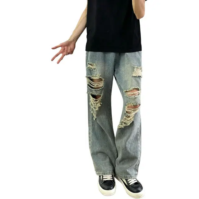 单爵 乞丐破洞微喇裤男款夏季美式高街牛仔裤 男女同款