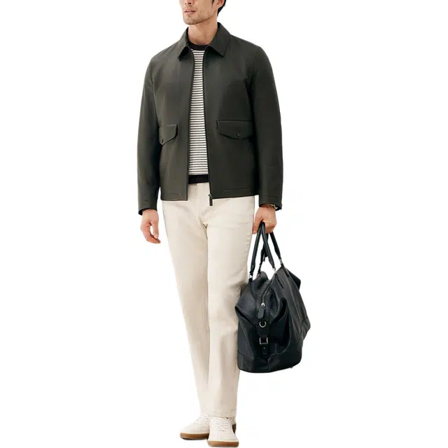 丹宁哲学 土耳其荔枝纹皮翻领外套纯色直筒型皮衣 男款