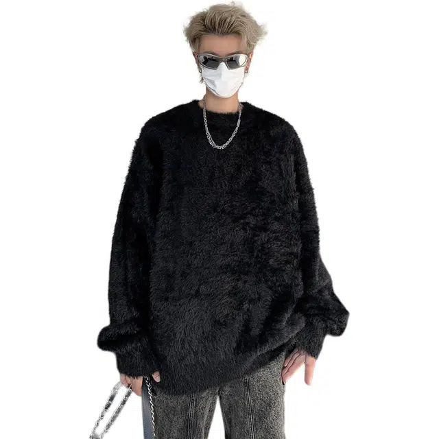 极限涡轮 美式高街复古慵懒内搭保暖打底上衣圆领仿貂毛绒简约百搭针织衫 男女同款