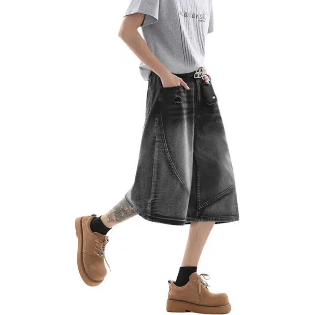 颂希尔 美式复古拼接设计宽松潮牌七分牛仔短裤 男女同款