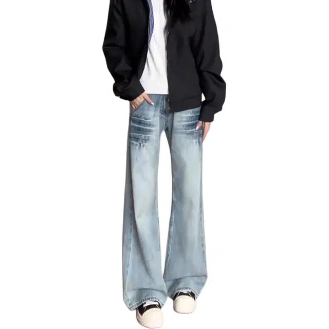 单爵 水洗蓝闪电纹直筒裤男款秋季美式高街牛仔裤 男女同款