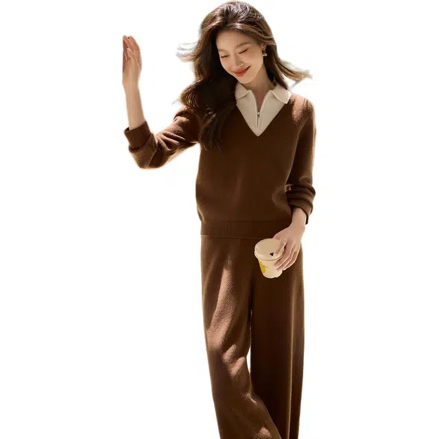 沫晗依美 舒适长袖上衣纯色简约高腰长裤休闲套装 女款 咖拼米