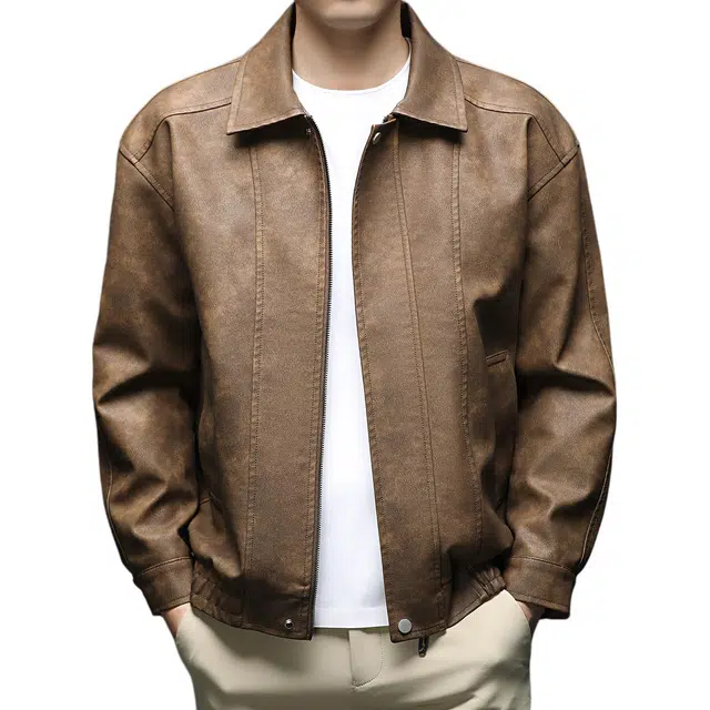 卡丹狄诺 美式巴恩风复古高街机车风做旧美拉德色系高级感简约百搭户外宽松休闲皮衣夹克外套 男款