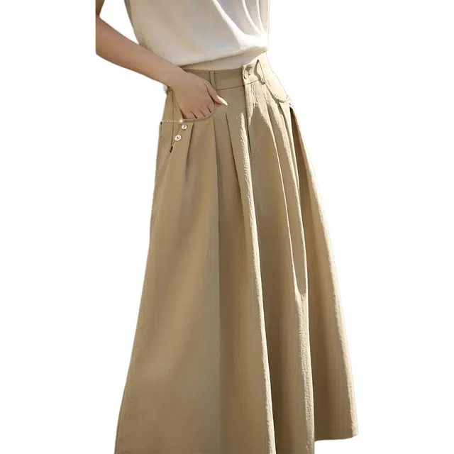 沫晗依美 纯色舒适简约休闲长裙 女款 卡其色