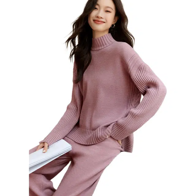 Mohan Yimei Solid Thick Split Top Wide Leg Pants Set Pink