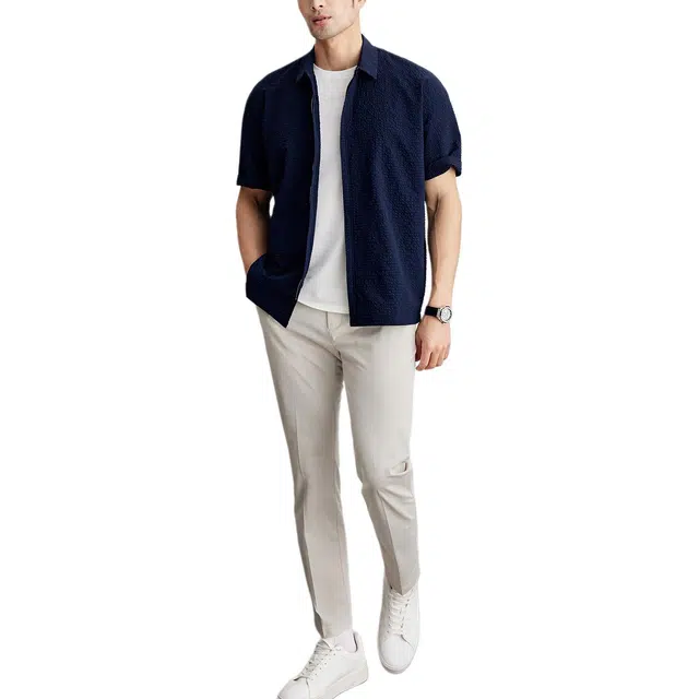 丹宁哲学 高档舒适泡泡纱面料纯色短袖基础大众衬衫 男款