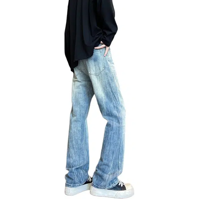 宝米卡 高街宽松时尚直筒美式复古潮牌休闲长裤阔腿弯刀裤磨白作旧水洗裤子牛仔裤 男女同款