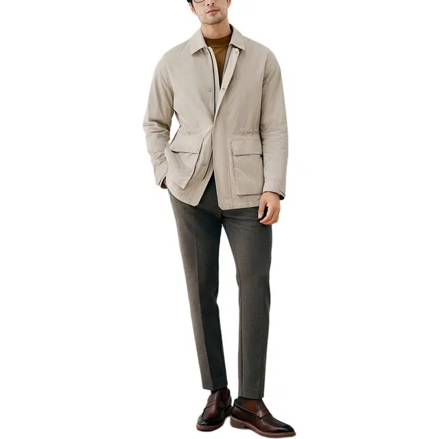 丹宁哲学 立体贴袋男士猎装款外套纯色翻领标准风衣 男款