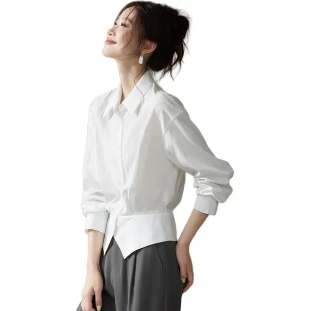 沫晗依美 设计感收腰简约纯色长袖衬衫 女款