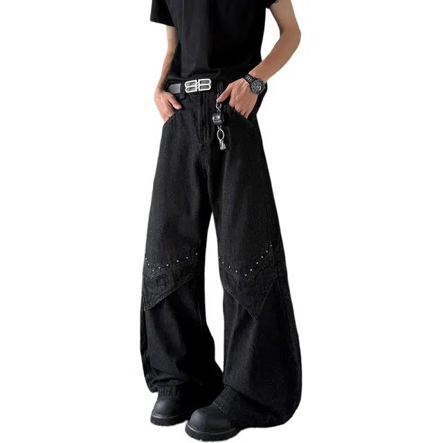 地界二 美式高街廓形潮牌小众活页设计宽松阔腿弯刀牛仔裤 男款