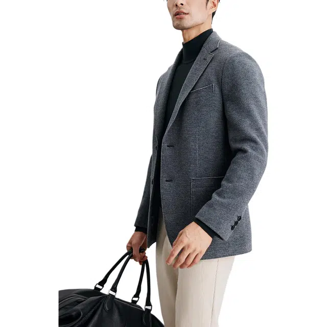 丹宁哲学 厚款人字纹针织羊毛长袖平驳领标准便服单西西装 男款