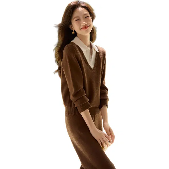 沫晗依美 舒适长袖上衣纯色简约高腰长裤休闲套装 女款 咖拼米