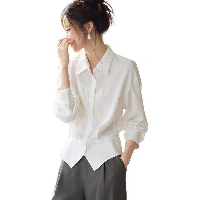 沫晗依美 设计感收腰简约纯色长袖衬衫 女款