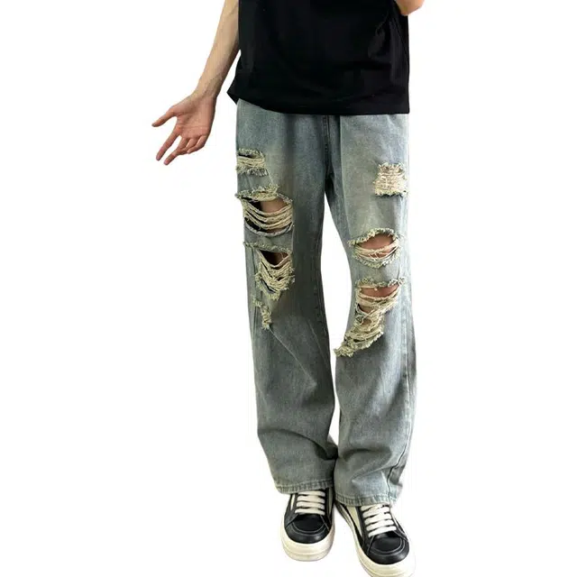 单爵 乞丐破洞微喇裤男款夏季美式高街牛仔裤 男女同款