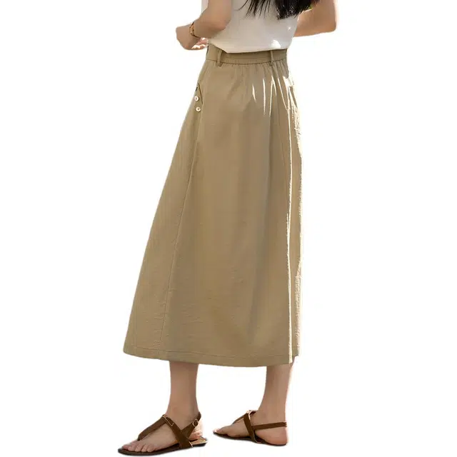 沫晗依美 纯色舒适简约休闲长裙 女款 卡其色