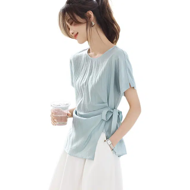 沫晗依美 纯色圆领舒适短袖衬衫 女款 浅水蓝