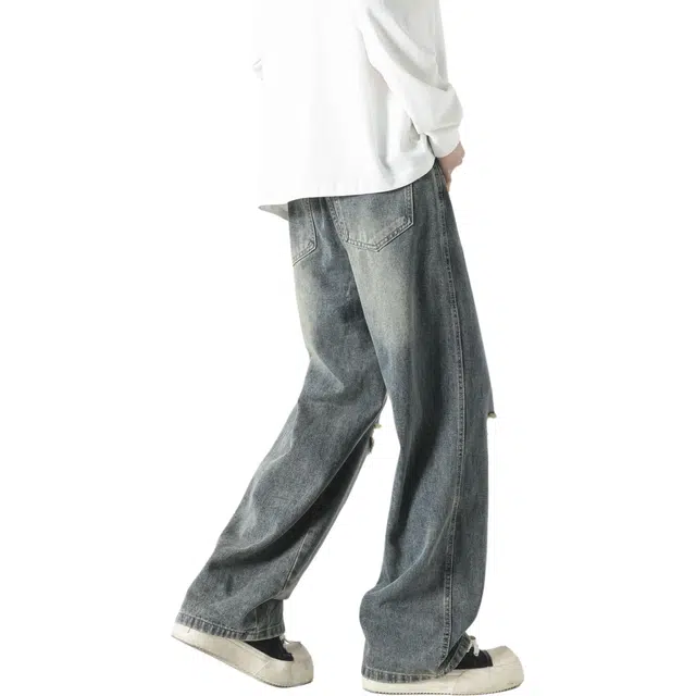 图兰朵 美式复古高街重工水洗做旧高级感流苏微喇破洞弯刀裤中腰显高显瘦潮流痞帅柔软不硬垂感通勤废土风直筒牛仔裤 男女同款