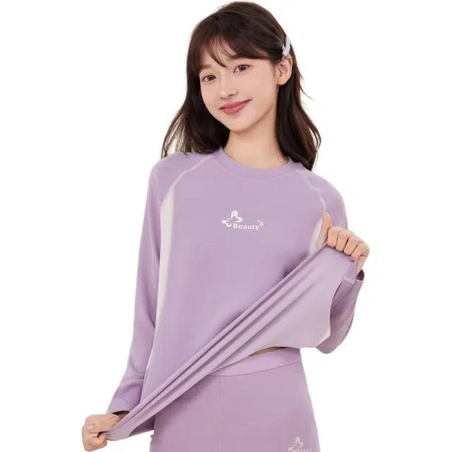 棉基因 少女风科技发热亲肤香蒲绒柔软舒适莫兰迪色系简约运动活力保暖套装 女款
