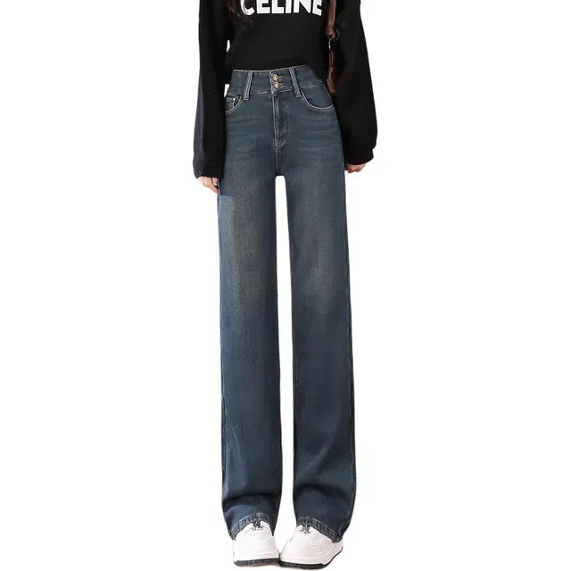 惟熙 加绒加厚弹力高腰窄版阔腿拖地长裤牛仔裤 女款 复古蓝