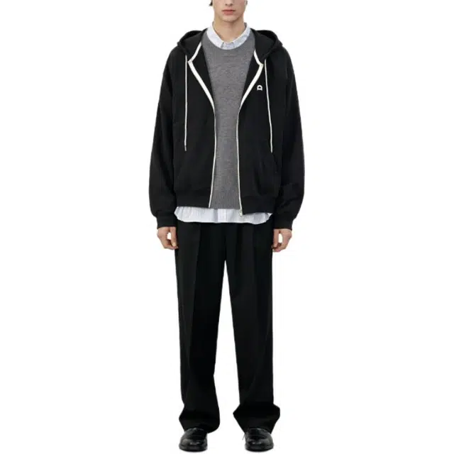 Dunst UNISEX LEATHER LOGO ZIP-UP HOODIE BLACK