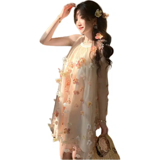 沐晓欣 绝美花朵法式挂脖裙夏小个子生日公主裙子无袖连衣裙 女款 粉色