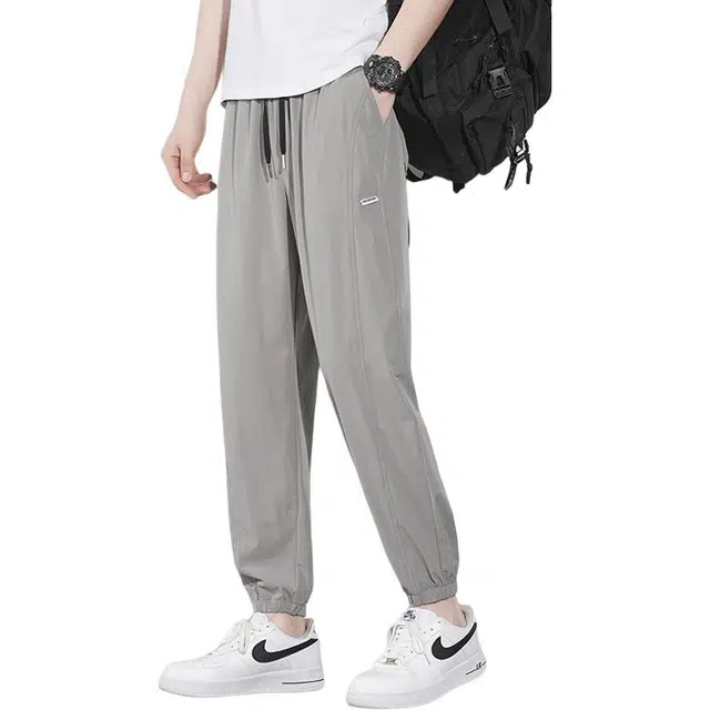 潮人榜 美式高街舒适百搭包边四面弹力冰丝九分裤潮牌宽松阔腿运动束脚休闲裤 男款