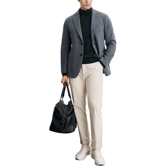 丹宁哲学 厚款人字纹针织羊毛长袖平驳领标准便服单西西装 男款