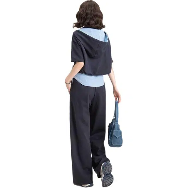 法文箱子 连帽短袖纯色落肩袖高腰长裤休闲套装 女款