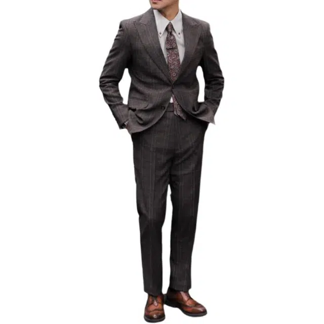 大格子与黑猫 英伦复古戗驳领威尔士亲王格纹西服结婚新郎婚礼雅痞绅士修身西装 男款