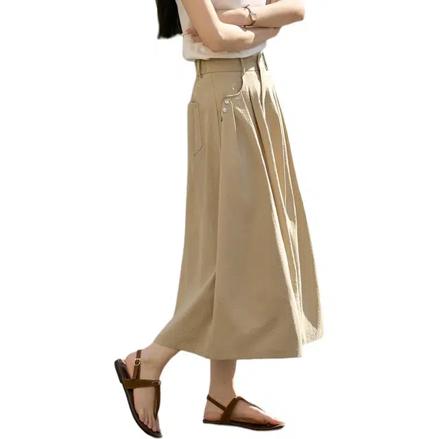 沫晗依美 纯色舒适简约休闲长裙 女款 卡其色