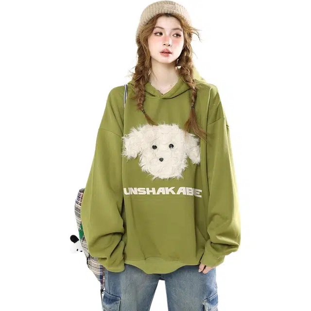 囍鱼少女 毛绒可爱小狗贴布宽松休闲百搭情侣连帽女长袖上衣外套卫衣 女款