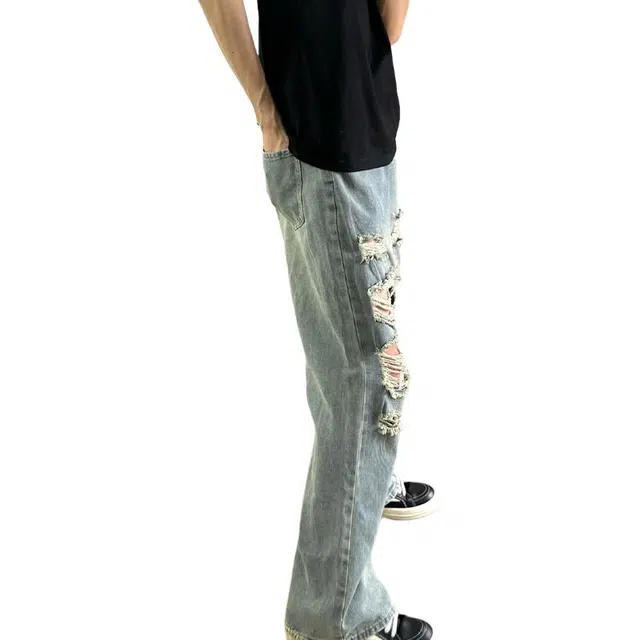 单爵 乞丐破洞微喇裤男款夏季美式高街牛仔裤 男女同款