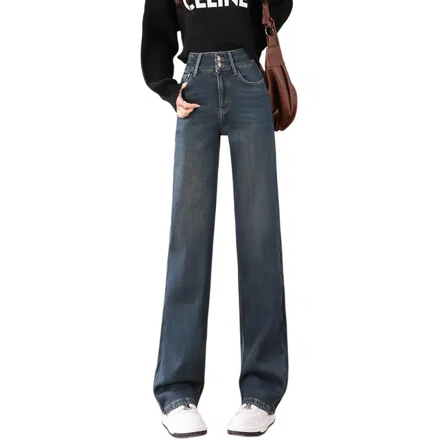 惟熙 加绒加厚弹力高腰窄版阔腿拖地长裤牛仔裤 女款 复古蓝