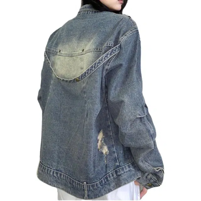 大格子与黑猫 复古立领设计感小众宽松上衣牛仔外套 男女同款