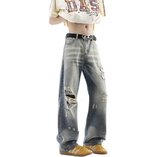 单爵 美式宽松破洞薄款直筒牛仔裤 男女同款