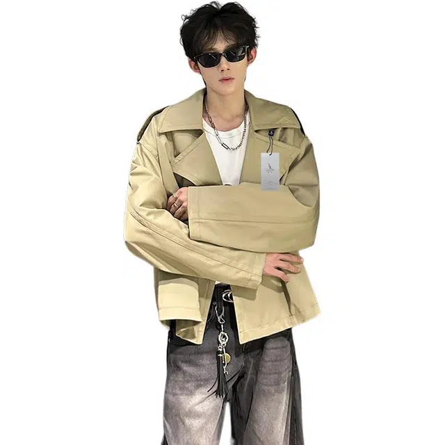 袋鼠 复古老钱风高级感时尚经典质感大翻领风衣外套百搭舒适廓形宽肩短款夹克 男女同款
