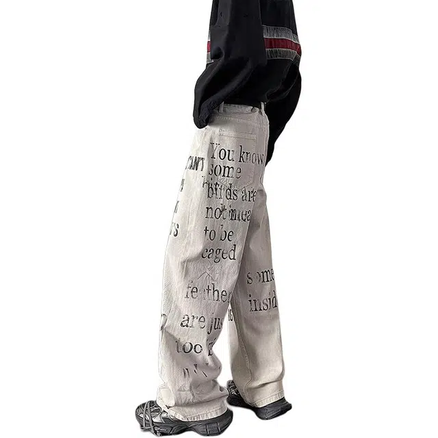 一碗士多 百搭气质小众美式复古文艺风慵懒感简约主义涂鸦设计宽松舒适痞帅垂感拖地阔腿直筒牛仔裤 男女同款