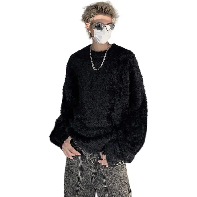 极限涡轮 美式高街复古慵懒内搭保暖打底上衣圆领仿貂毛绒简约百搭针织衫 男女同款