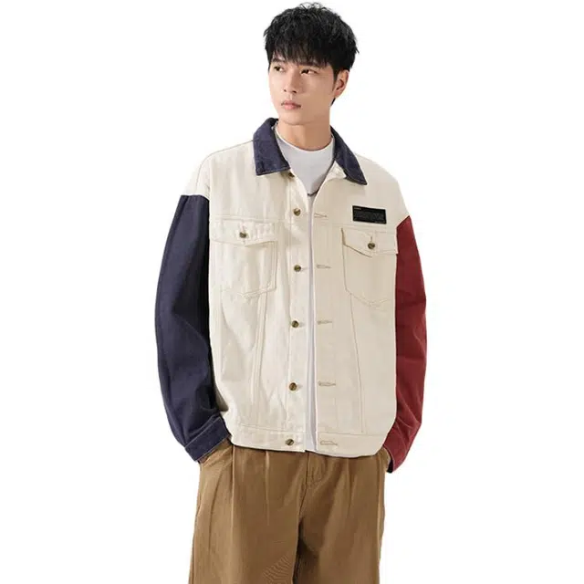 希越 秋季复古拼接撞色贴标设计工装宽松大码休闲衬衫夹克 男款