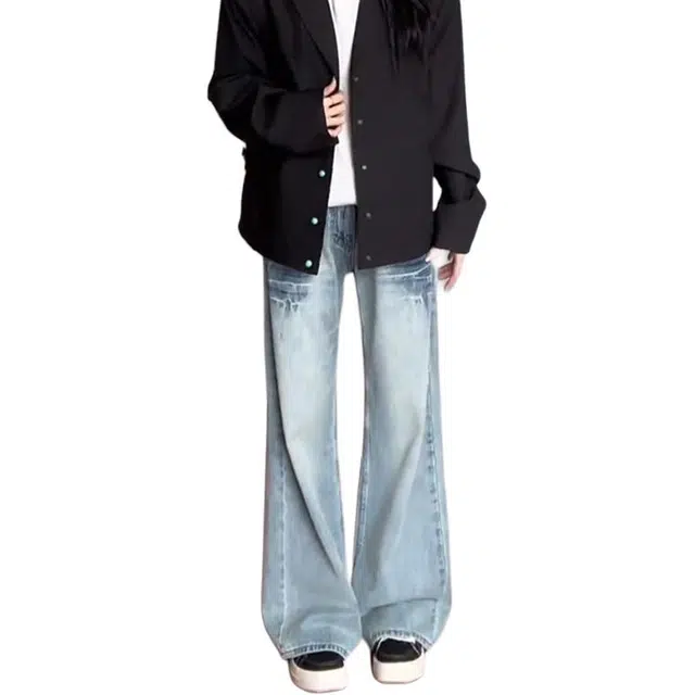 单爵 水洗蓝闪电纹直筒裤男款秋季美式高街牛仔裤 男女同款